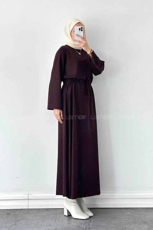 Lamelif Bel Tünel Detaylı Elbise Bordo