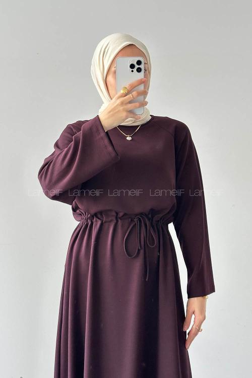 Lamelif Bel Tünel Detaylı Elbise Bordo