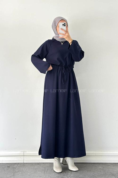 Lamelif Bel Tünel Detaylı Elbise Lacivert