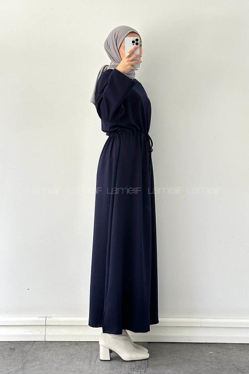 Lamelif Bel Tünel Detaylı Elbise Lacivert