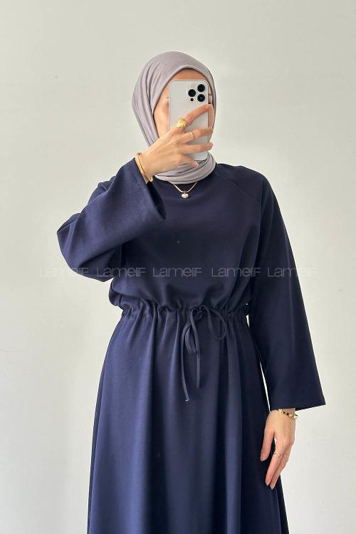 Lamelif Bel Tünel Detaylı Elbise Lacivert