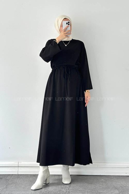 Lamelif Bel Tünel Detaylı Elbise Siyah