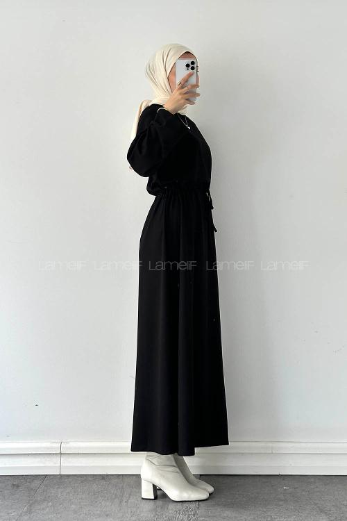 Lamelif Bel Tünel Detaylı Elbise Siyah
