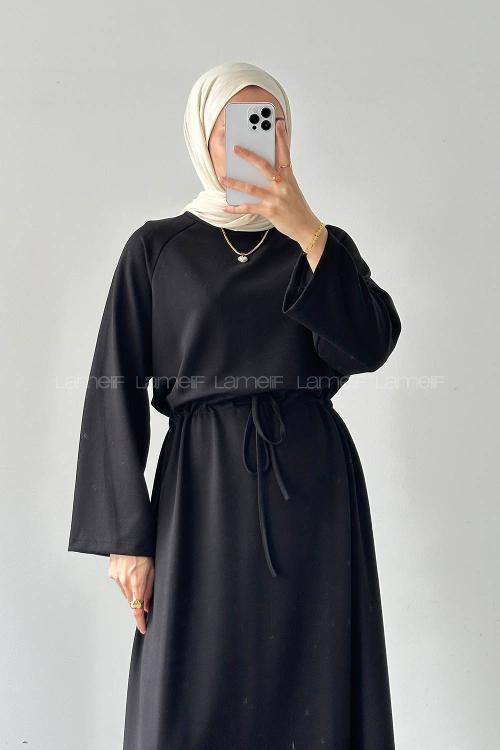 Lamelif Bel Tünel Detaylı Elbise Siyah