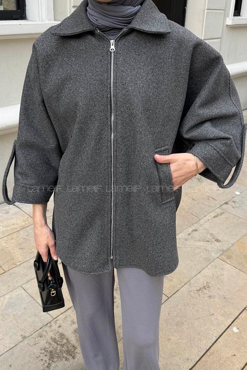 Lamelif Fermuarlı Kaşe Kaban Antrasit