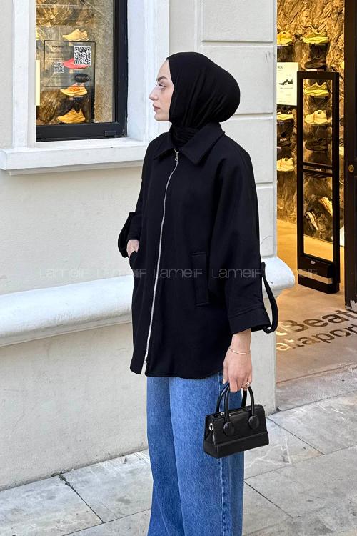 Lamelif Fermuarlı Kaşe Kaban Siyah