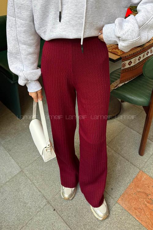 Lamelif Fitilli Triko Pantolon Bordo