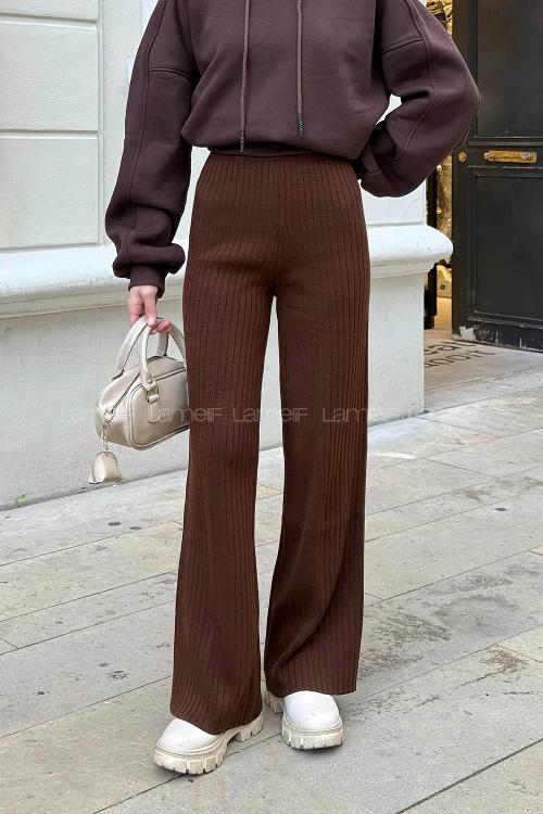 Lamelif Fitilli Triko Pantolon Kahverengi