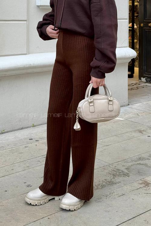 Lamelif Fitilli Triko Pantolon Kahverengi