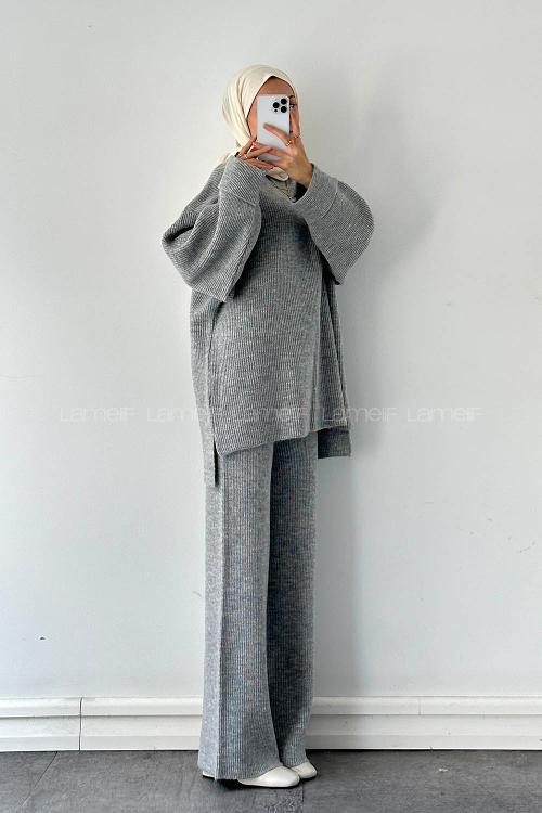 Lamelif Fitilli Triko Takım Gri