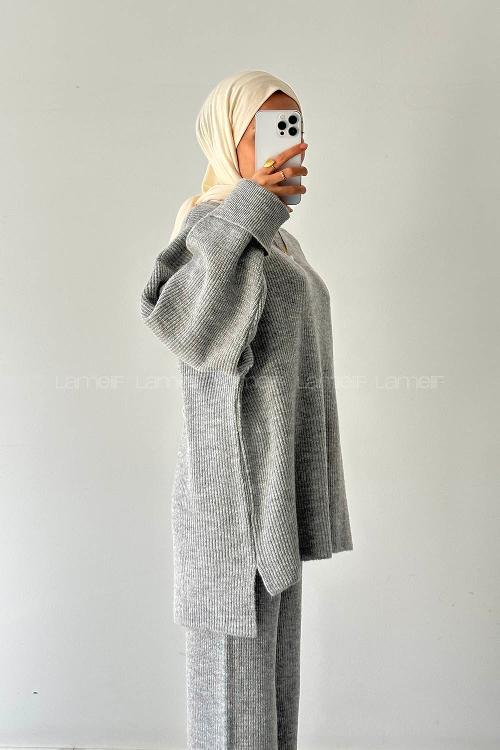 Lamelif Fitilli Triko Takım Gri