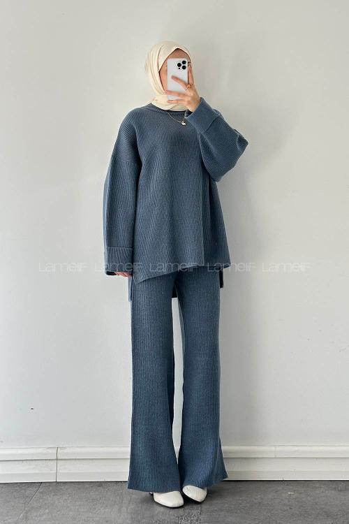 Lamelif Fitilli Triko Takım İndigo