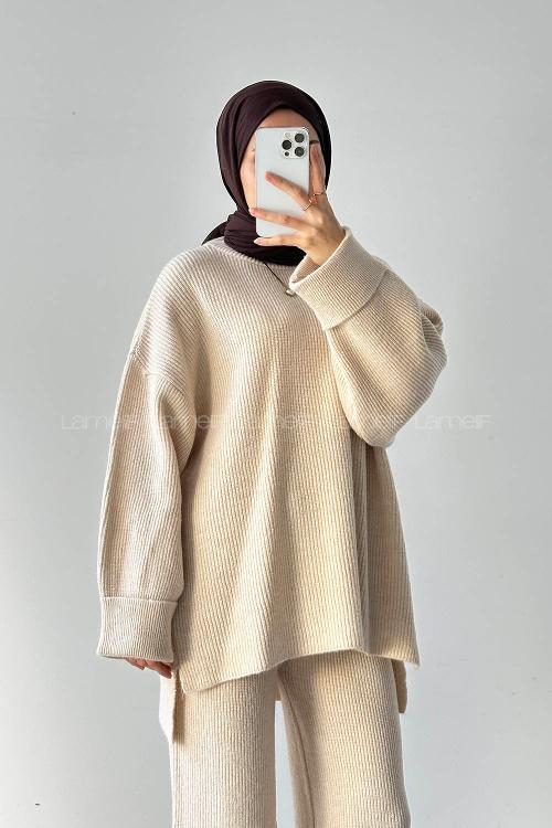 Lamelif Fitilli Triko Takım Taş Rengi