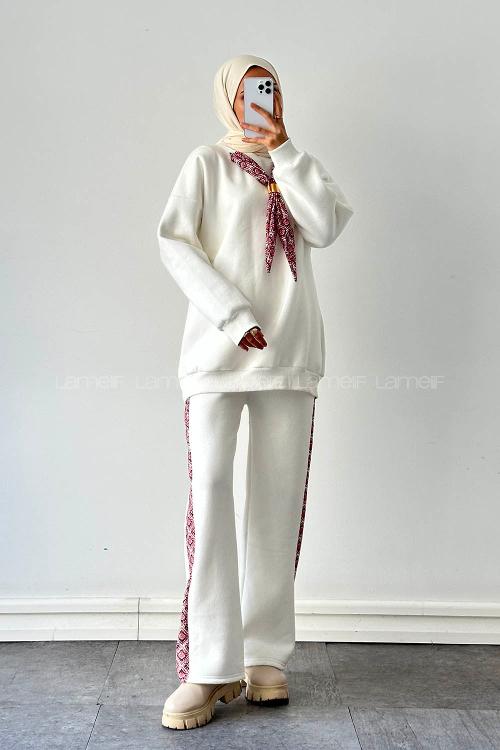 Lamelif Fularlı İkili Takım Beyaz