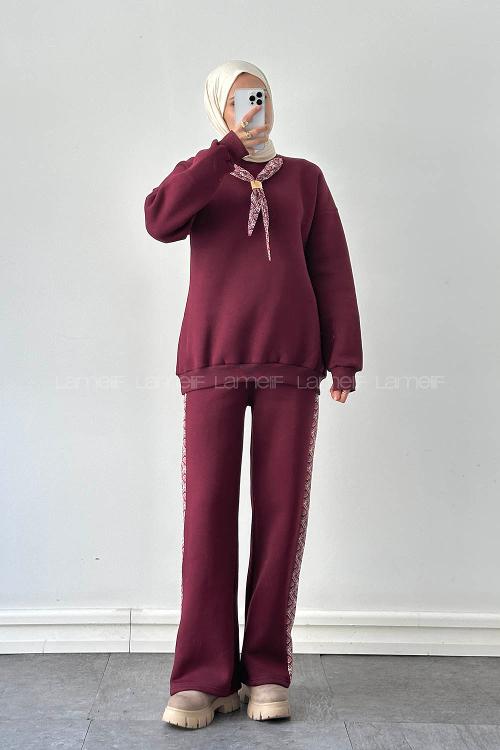 Claret Red Crew Neck Long Arm Cotton Regular Trousers Comfortable Suit