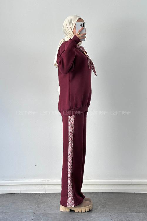 Claret Red Crew Neck Long Arm Cotton Regular Trousers Comfortable Suit