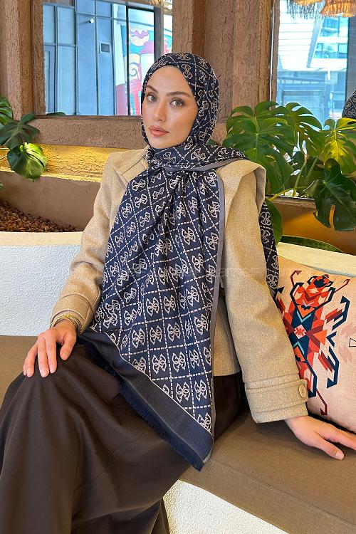Lamelif Guess Desen Kaşmir Çift Taraflı Şal Gece Mavisi Vizon