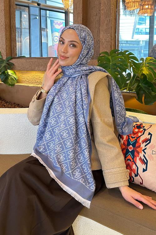 Lamelif Guess Desen Kaşmir Çift Taraflı Şal Kot Mavi Gümüş