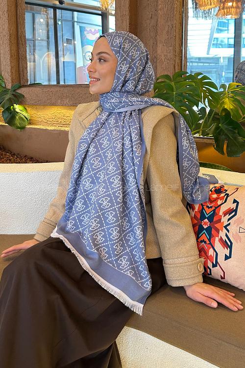 Lamelif Guess Desen Kaşmir Çift Taraflı Şal Kot Mavi Gümüş