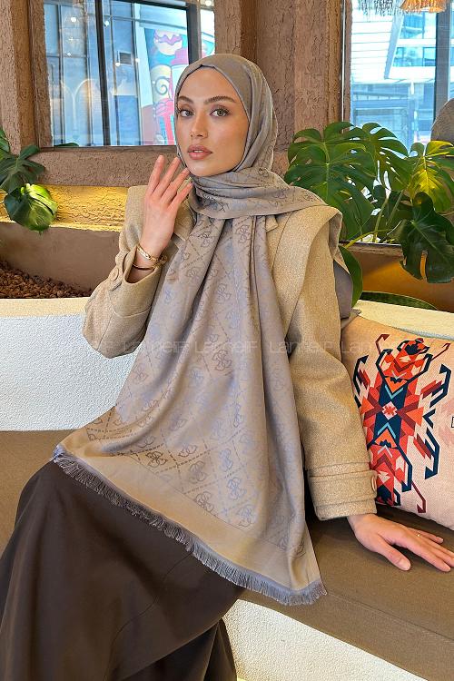 Lamelif Guess Desen Kaşmir Çift Taraflı Şal Kum Beji Gri