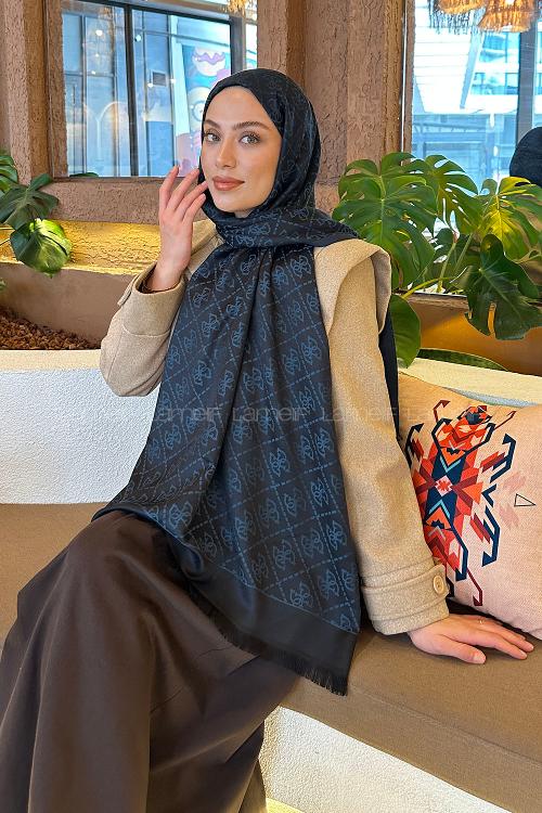 Lamelif Guess Desen Kaşmir Çift Taraflı Şal Lacivert Mavi