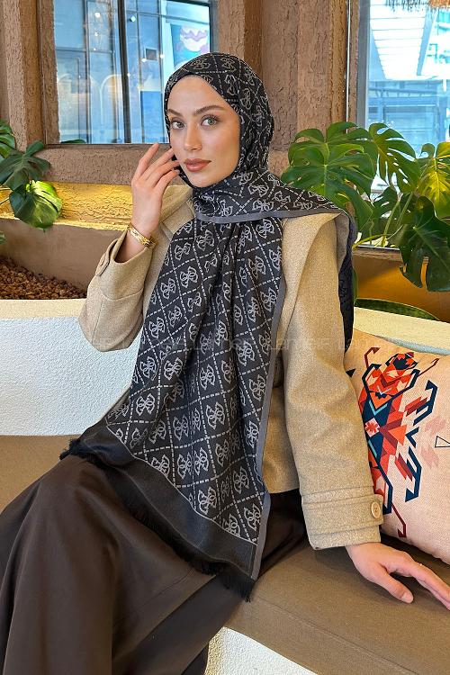 Lamelif Guess Desen Kaşmir Çift Taraflı Şal Siyah Gri