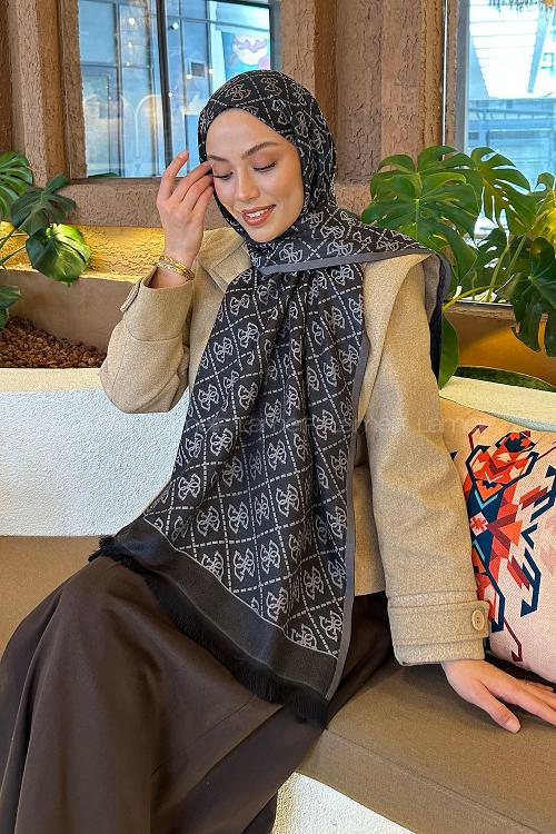 Lamelif Guess Desen Kaşmir Çift Taraflı Şal Siyah Gri