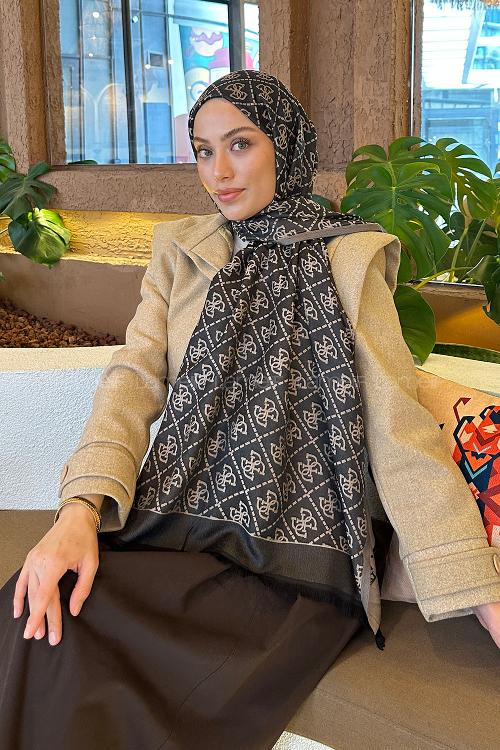 Lamelif Guess Desen Kaşmir Çift Taraflı Şal Vizon Antrasit