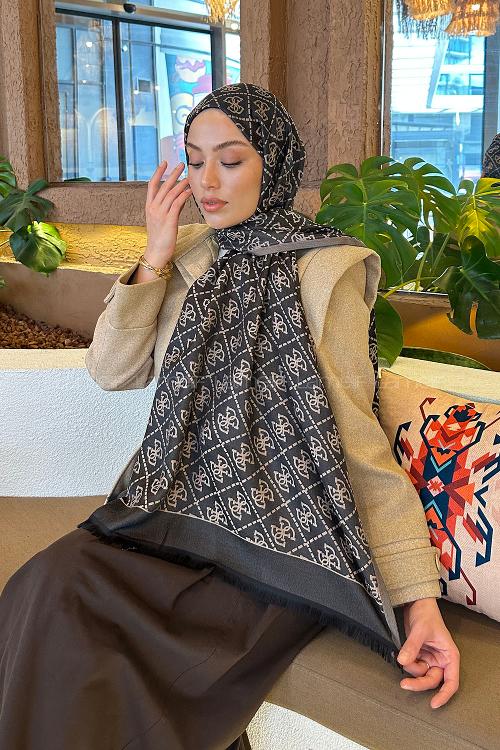 Lamelif Guess Desen Kaşmir Çift Taraflı Şal Vizon Antrasit