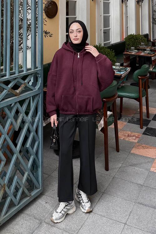 Lamelif Kanguru Cep Fermuarlı Sweatshirt Mürdüm