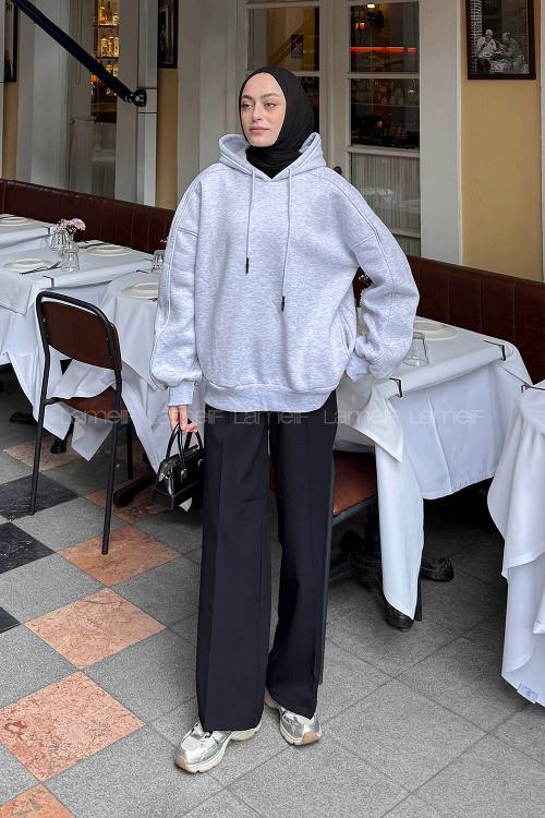 Lamelif Kapüşon Yaka Cepli Sweatshirt Gri