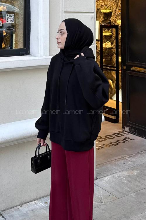 Lamelif Kapüşon Yaka Cepli Sweatshirt Siyah