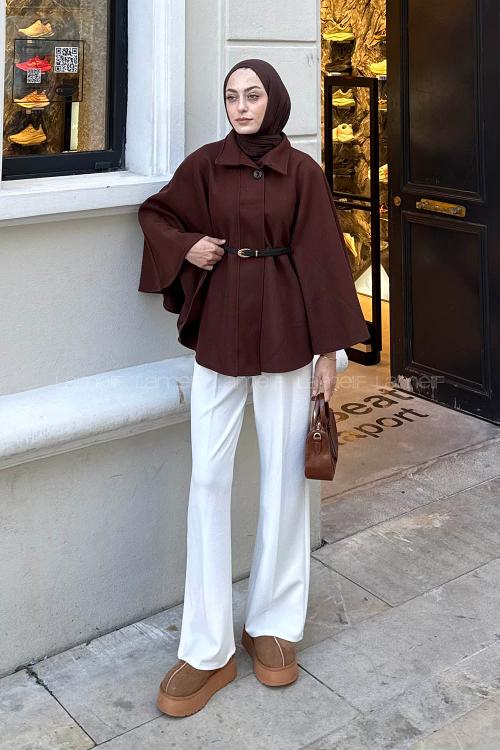 Lamelif Kemerli Kaşe Panço Kahverengi