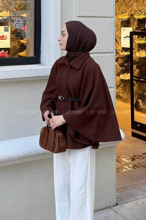 Lamelif Kemerli Kaşe Panço Kahverengi