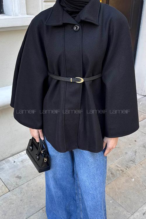 Lamelif Kemerli Kaşe Panço Siyah