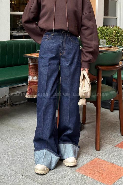 Dark Blue Cotton Denim Normal Waist Denim Pants