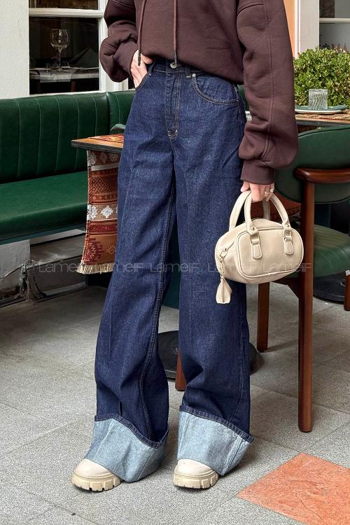 Dark Blue Cotton Denim Normal Waist Denim Pants