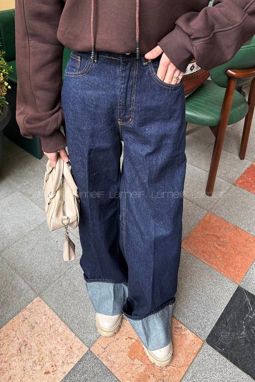 Dark Blue Cotton Denim Normal Waist Denim Pants