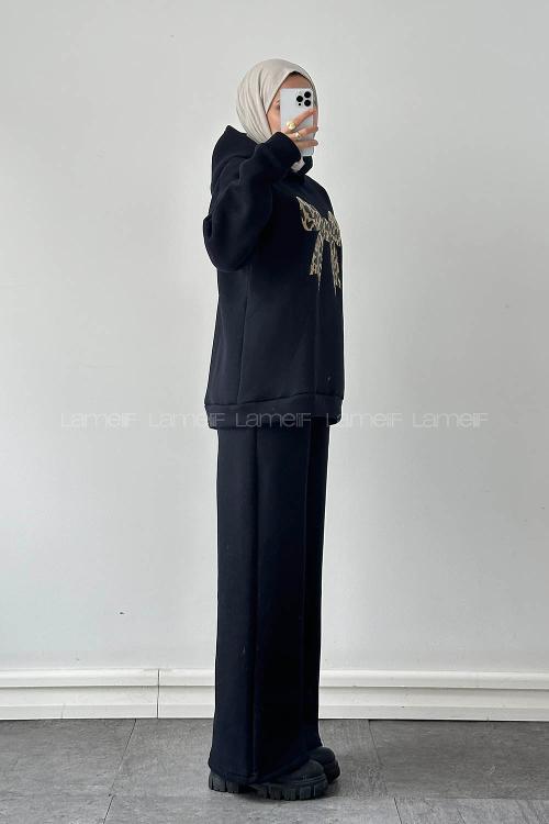 Navy Blue-1 Hood Neck Long Arm Cotton Regular Trousers Comfortable Suit