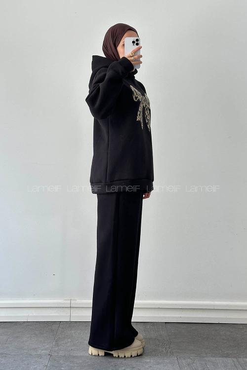 Lamelif Kurdele Baskılı Takım Siyah