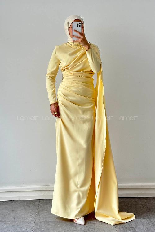 Lamelif Pelerin Detaylı Taşlı Elbise Sarı