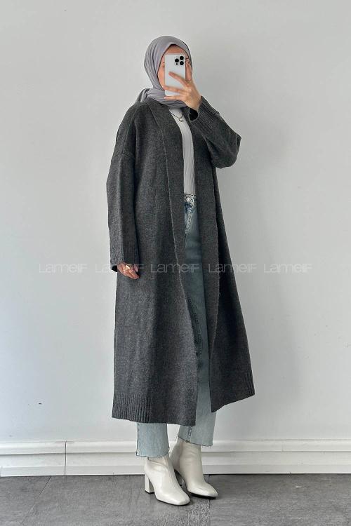 Lamelif Uzun Tesettür Hırka Antrasit