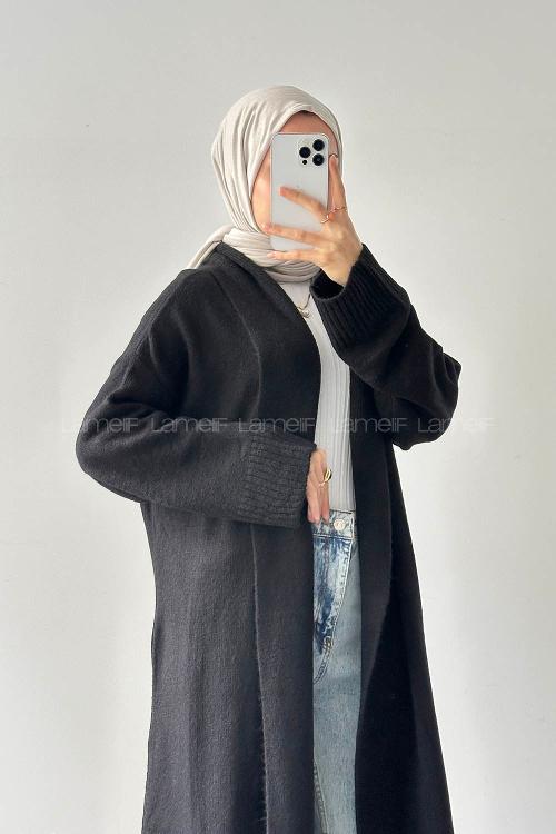 Lamelif Uzun Tesettür Hırka Siyah