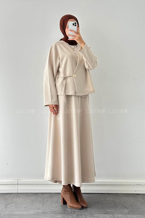 Lamelif Bağlama Detaylı Etekli Takım Bej