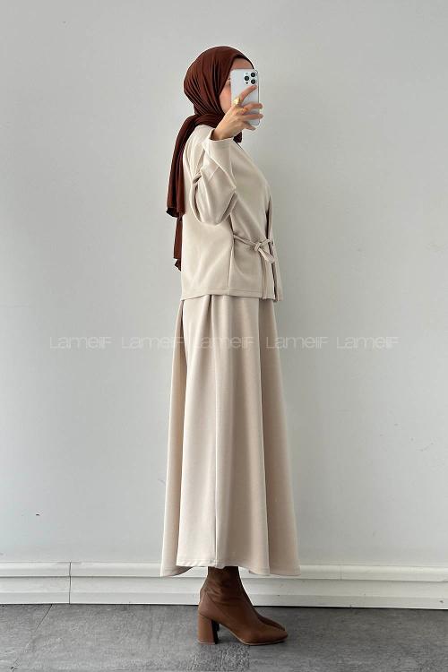 Lamelif Bağlama Detaylı Etekli Takım Bej