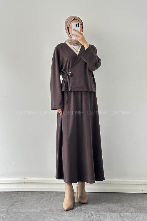 Lamelif Bağlama Detaylı Etekli Takım Kahve