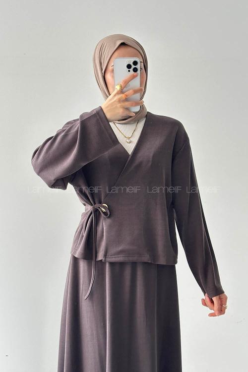 Lamelif Bağlama Detaylı Etekli Takım Kahve