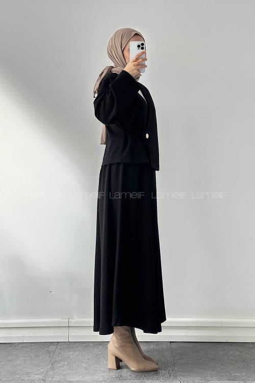 Lamelif Bağlama Detaylı Etekli Takım siyah