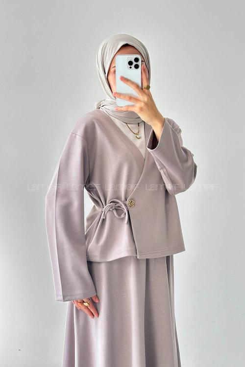 Lamelif Bağlama Detaylı Etekli Takım vizonrengi