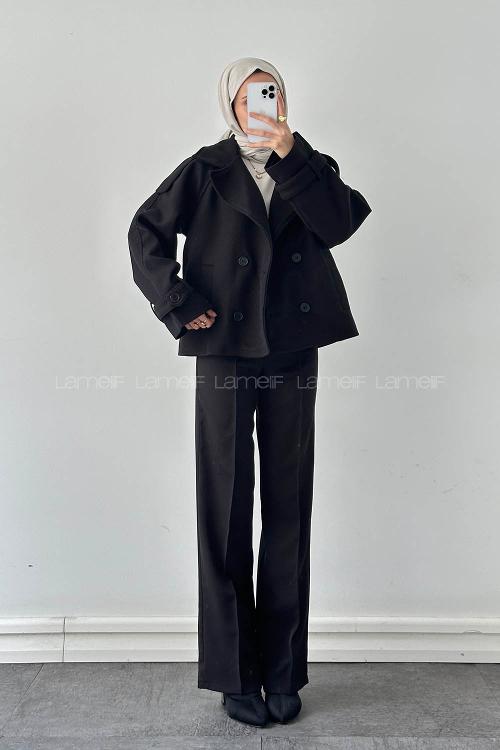 Lamelif Fleto Cep Apoletli Kaşe Kaban Siyah